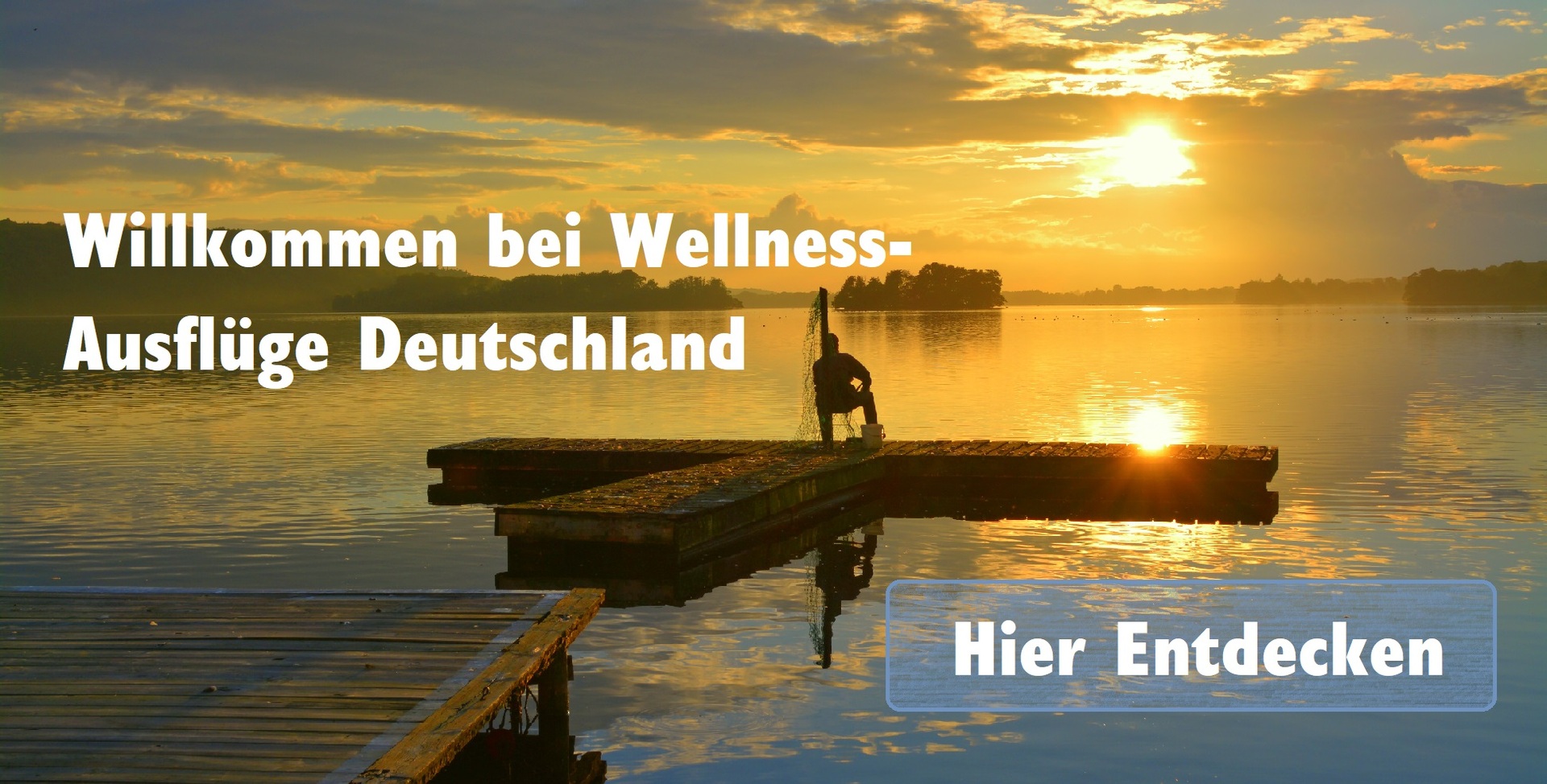 Eine Person am See, beobactin den Sonnenuntergan mit goldenem himmel. Willkommen bei Wellness-Ausflüge Deutschland